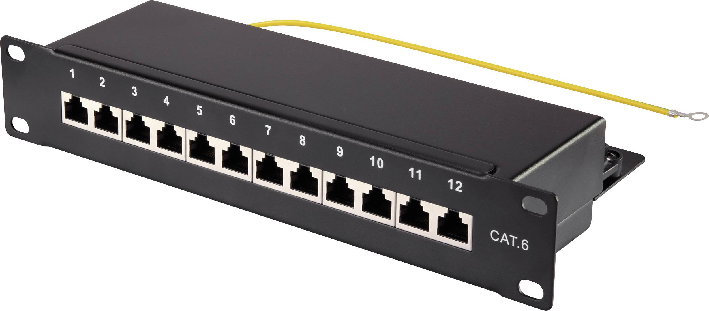 Schwarzes CAT.6-Patchpanel mit 12 Ethernet-Ports, nummeriert 1 bis 12, und gelbem Erdungskabel, zur Netzwerkverkabelung verwendet.