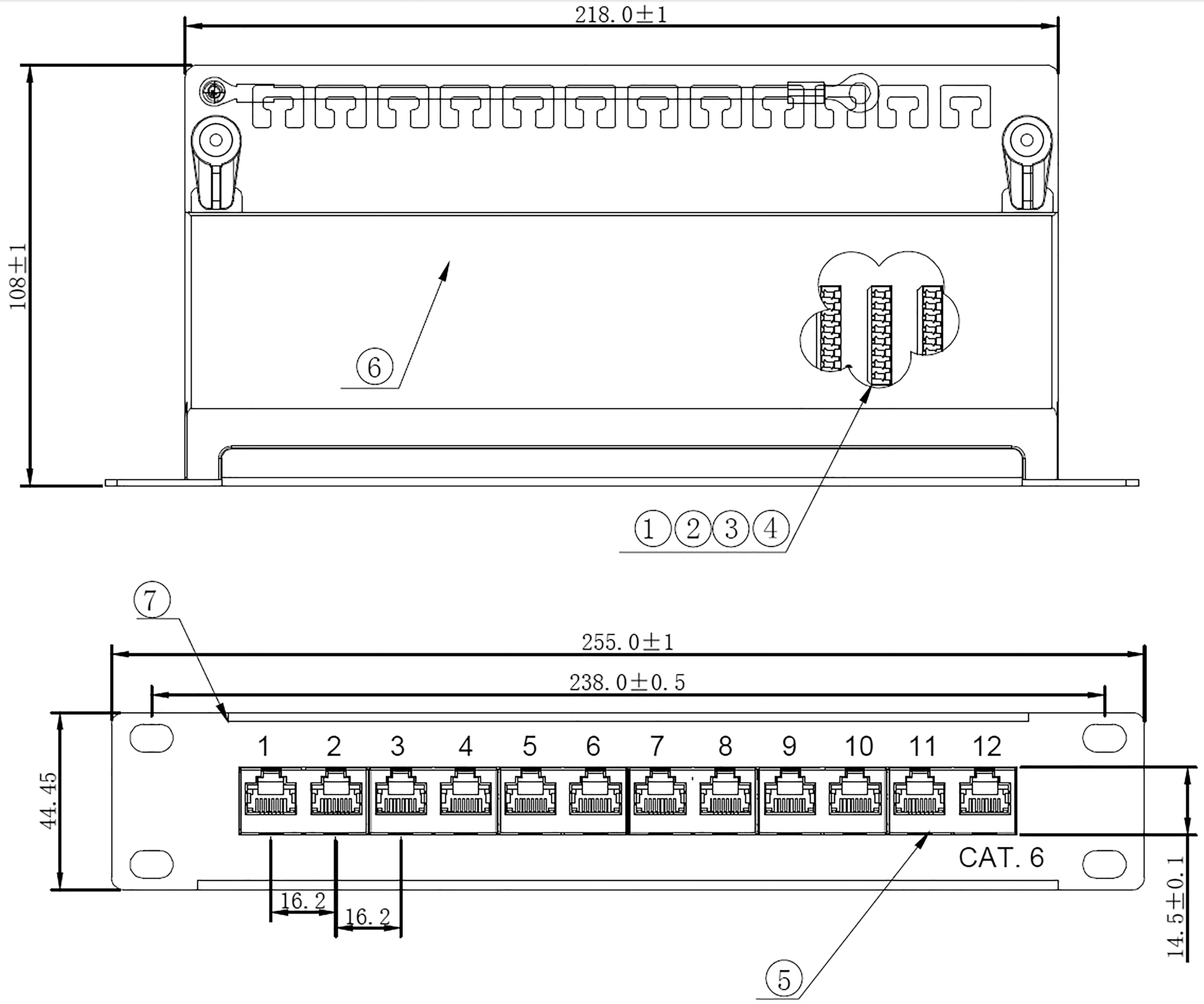 Eine technische Zeichnung eines Patchpanels mit Maßen, Draufsicht und Vorderansicht. Zeigt 12 Ports, Details zu Schrauben und Kabelanschlüssen.