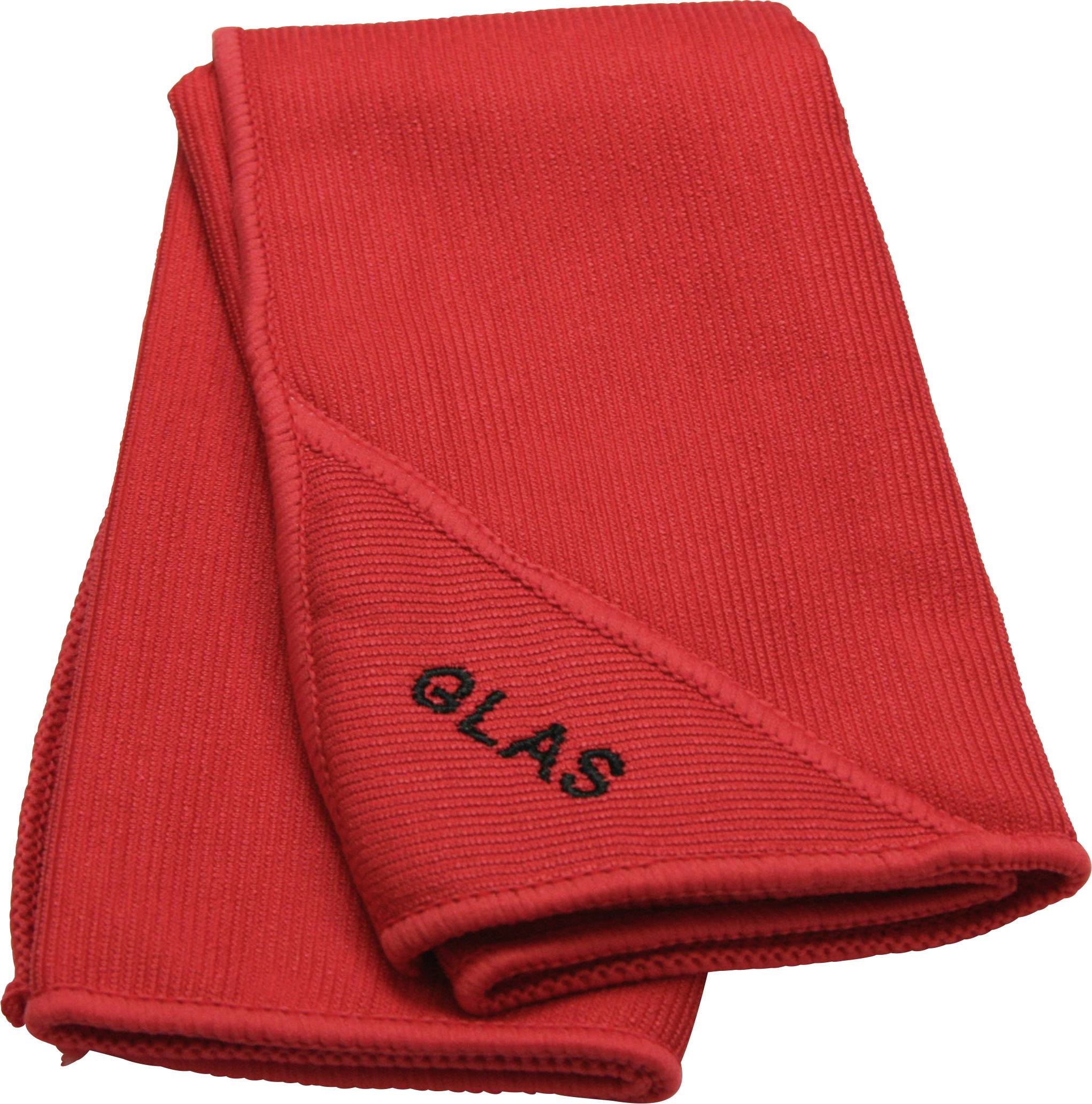 Ein gefaltetes rotes Reinigungstuch mit der Aufschrift 'GLAS' in schwarzer Farbe, verwendet zum Polieren von Glasoberflächen.