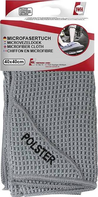Graues Mikrofasertuch mit Wabenstruktur, Größe 40x40 cm. Verpackung zeigt Anwendungshinweis: Reinigung von Oberflächen.