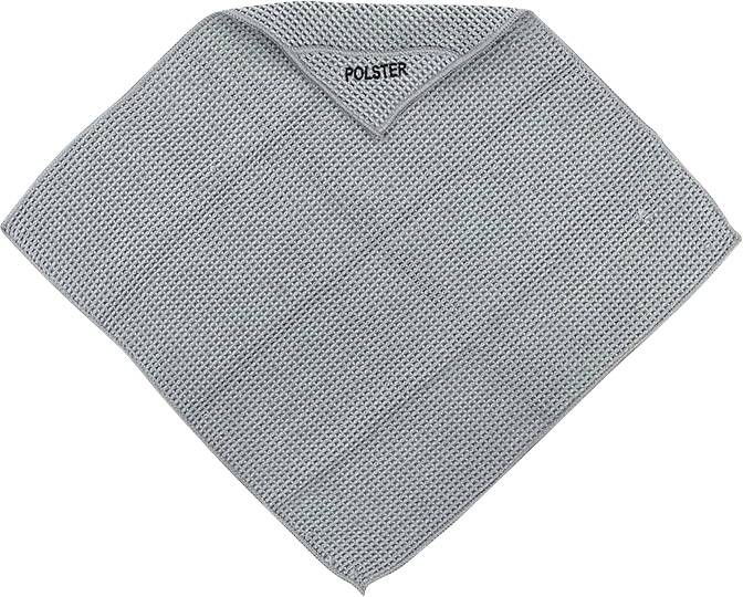 Graues Polstertuch in Diamantform. Oberste Ecke zeigt den Schriftzug 'Polster'. Textur weist ein feines Gittermuster auf.