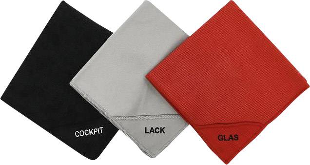 Drei gefaltete Reinigungstücher in Schwarz, Grau und Rot mit den Aufdrucken 'Cockpit', 'Lack' und 'Glas' für spezifische Anwendungen.