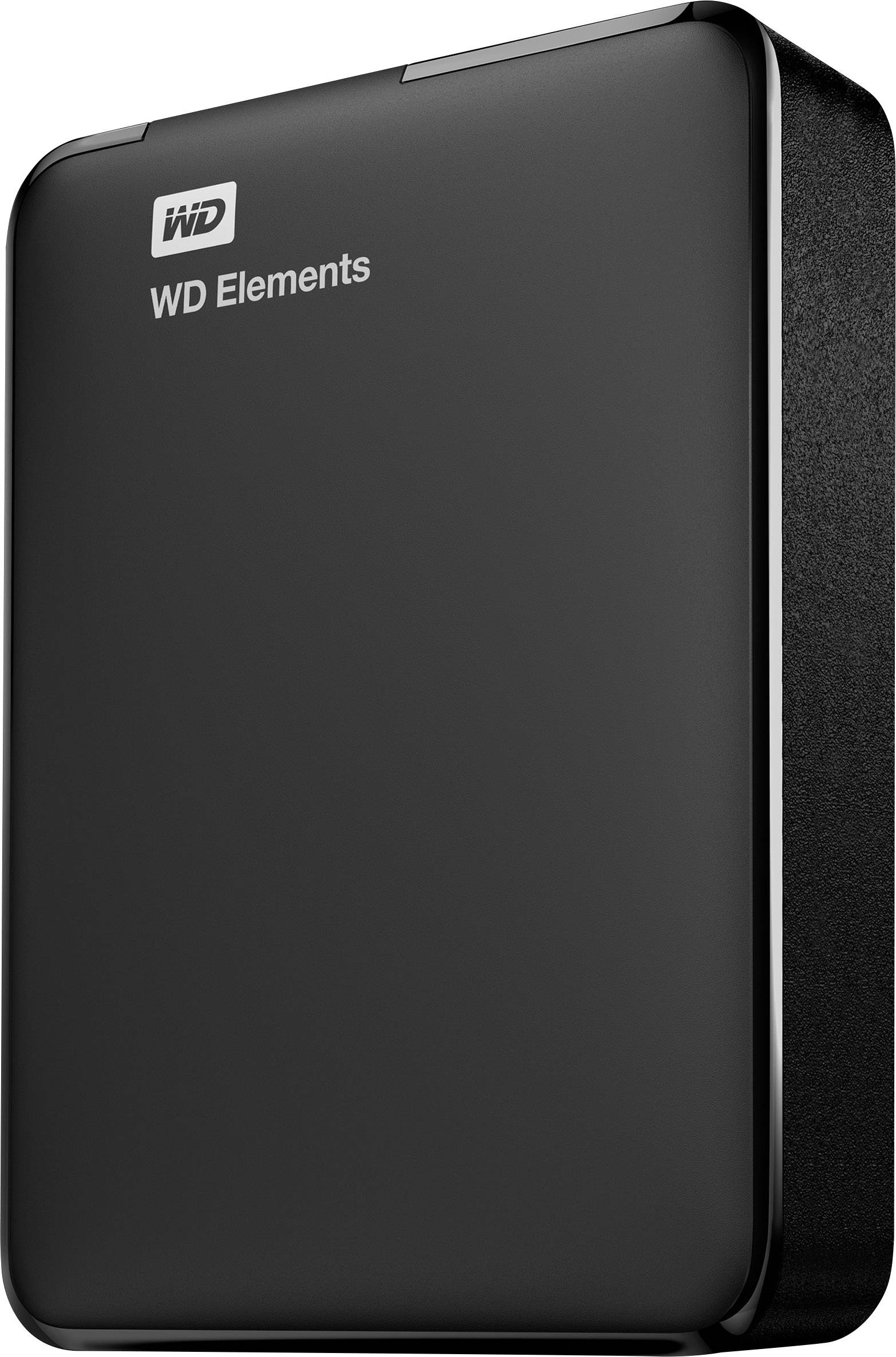 Externe Festplatte von WD Elements in schwarzem Gehäuse, vertikal aufgestellt.