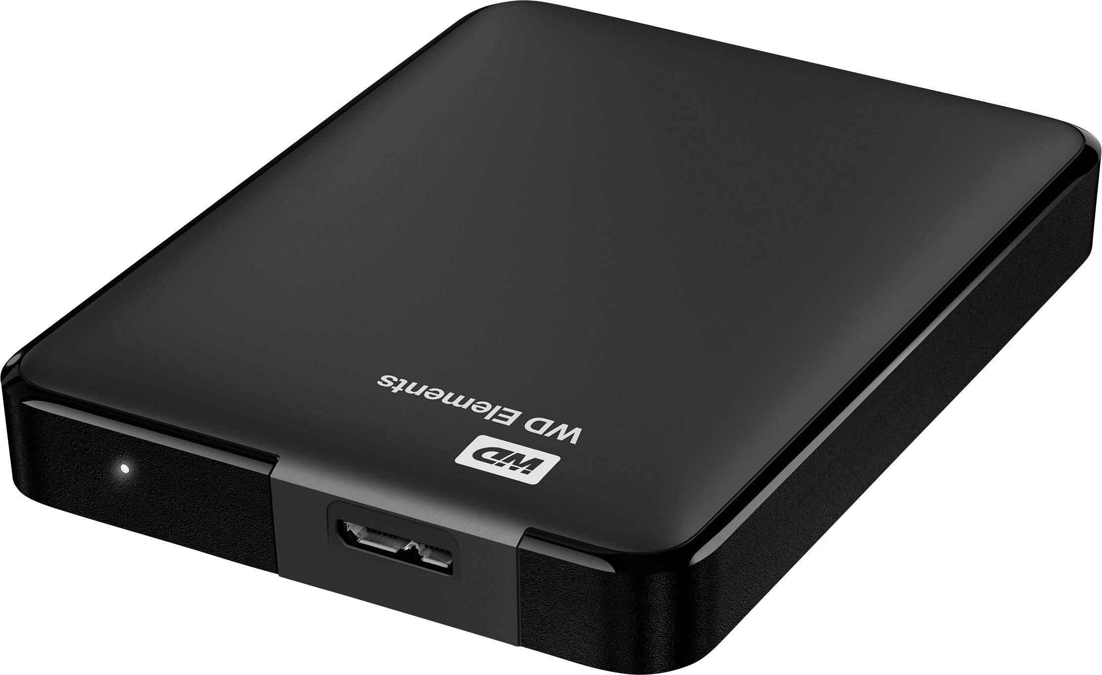 Externe Festplatte in schwarzem Gehäuse mit 'WD Elements'-Logo, USB-Anschluss und LED-Anzeige auf der Vorderseite.