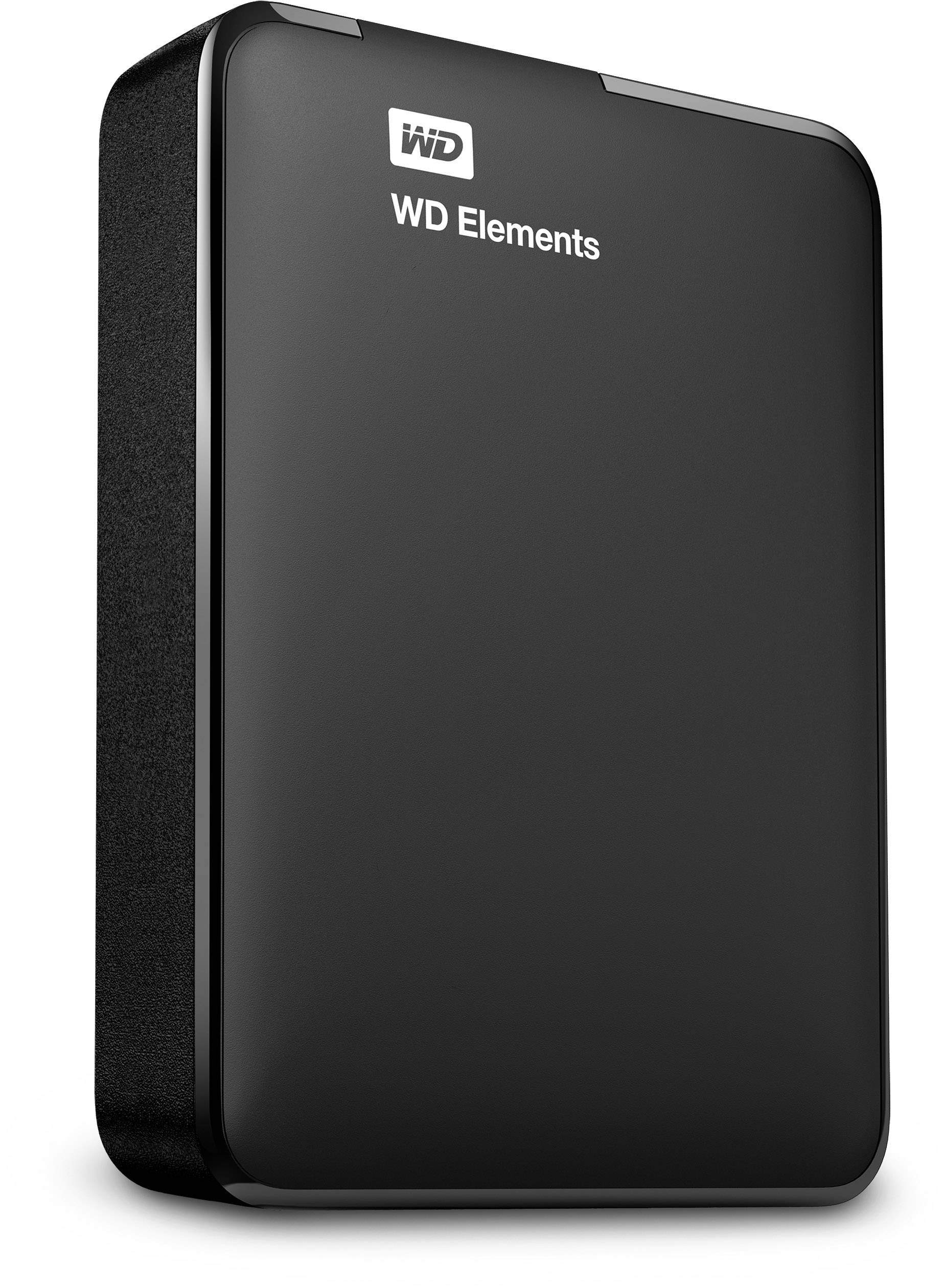 Eine schwarze externe Festplatte mit der Aufschrift 'WD Elements'.
