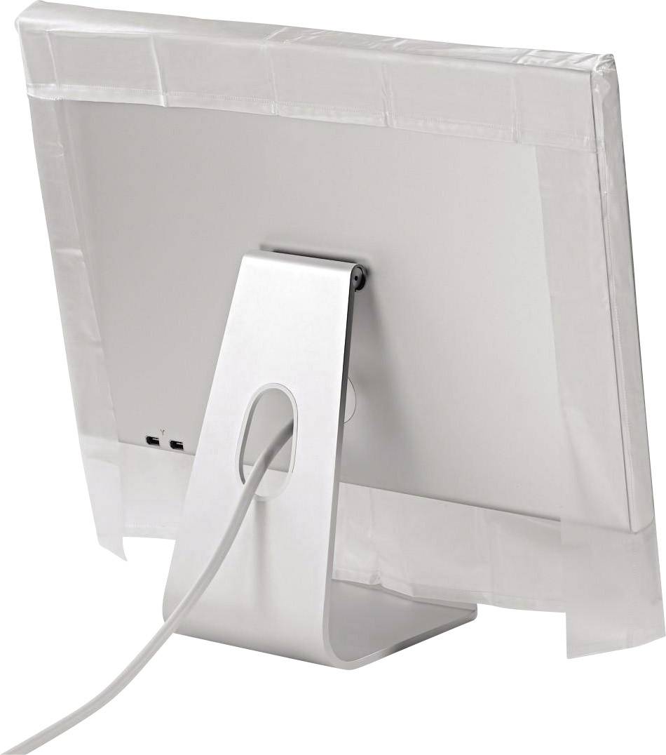 Ein weißer Monitor von hinten, auf einem silbernen Standfuß, mit einem angeschlossenen Kabel.