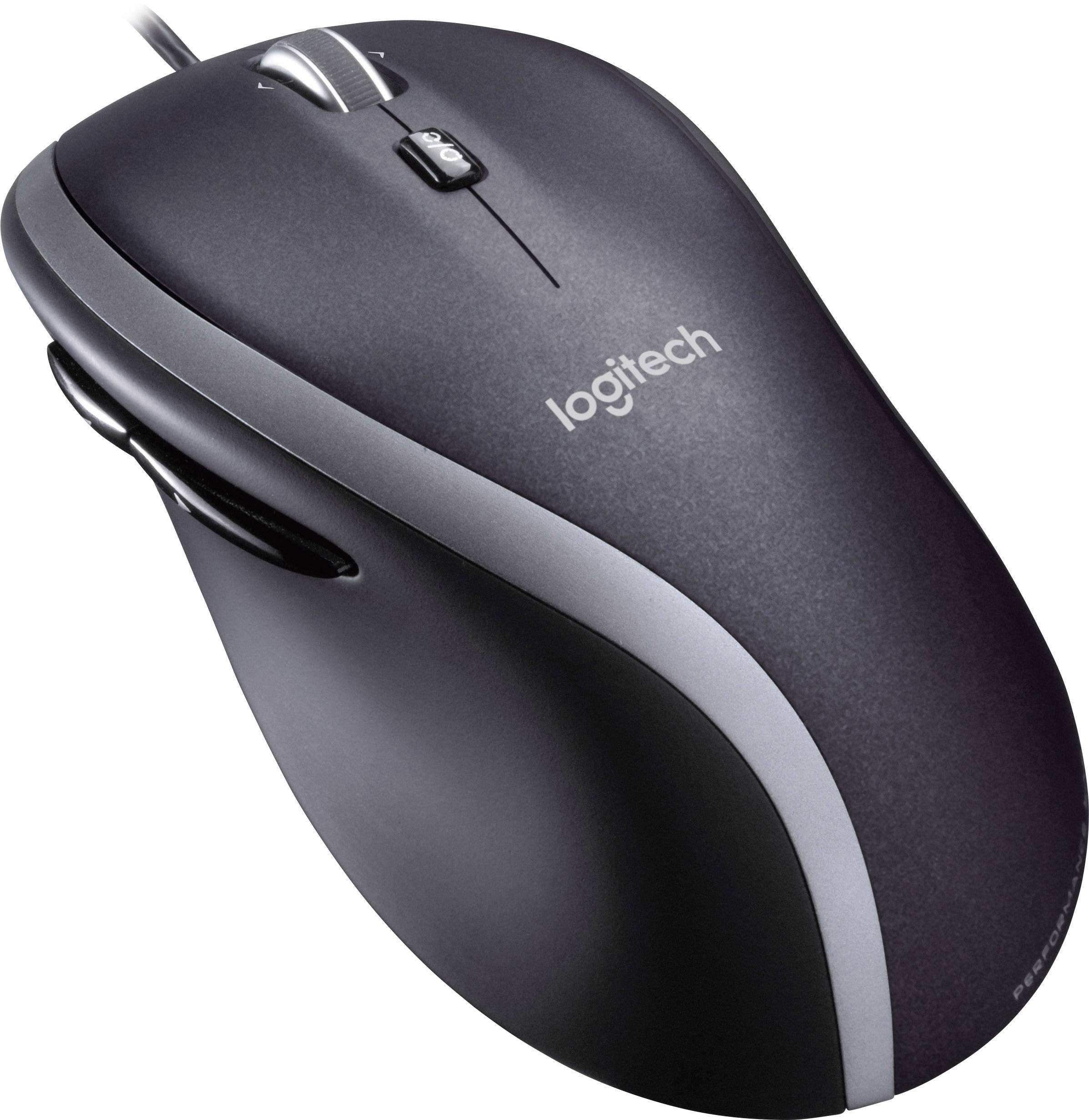 Eine schwarze Computermaus mit silbernen Akzenten und einem Scrollrad, gekennzeichnet mit dem Logo 'Logitech' auf der Oberseite.