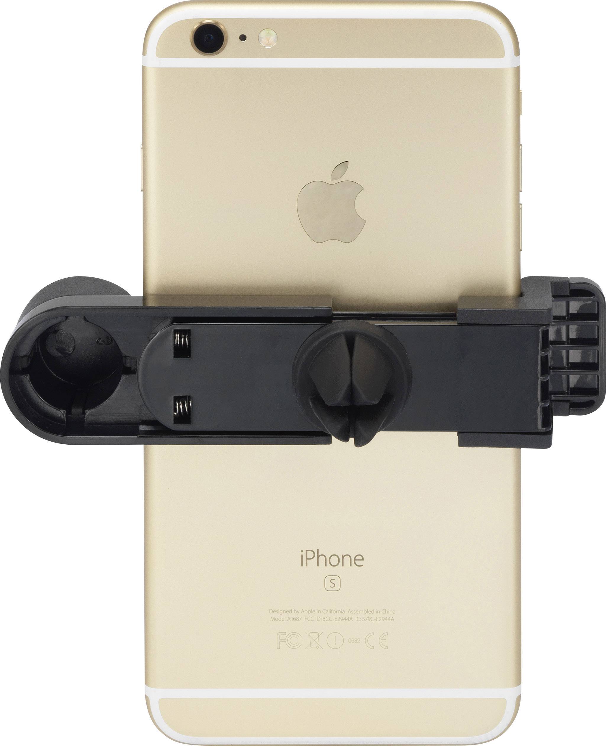 Ein Stativadapter aus schwarzem Kunststoff, der an einem goldenen Smartphone befestigt ist.