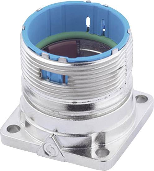 Ein zylindrischer Metallstecker mit einem blauen Kunststoffring und vier Löchern zur Befestigung auf einer flachen, quadratischen Basis.