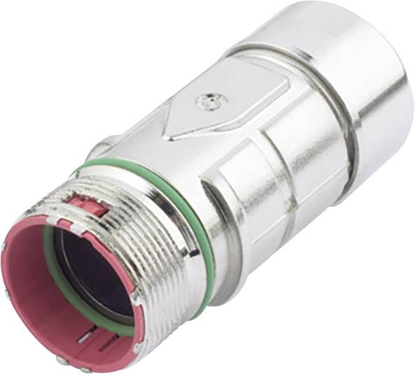 Metallischer Anschlussstecker mit rotem und grünem Ring, zylindrische Form, geeignet für technische Verbindungen und Verkabelungen.