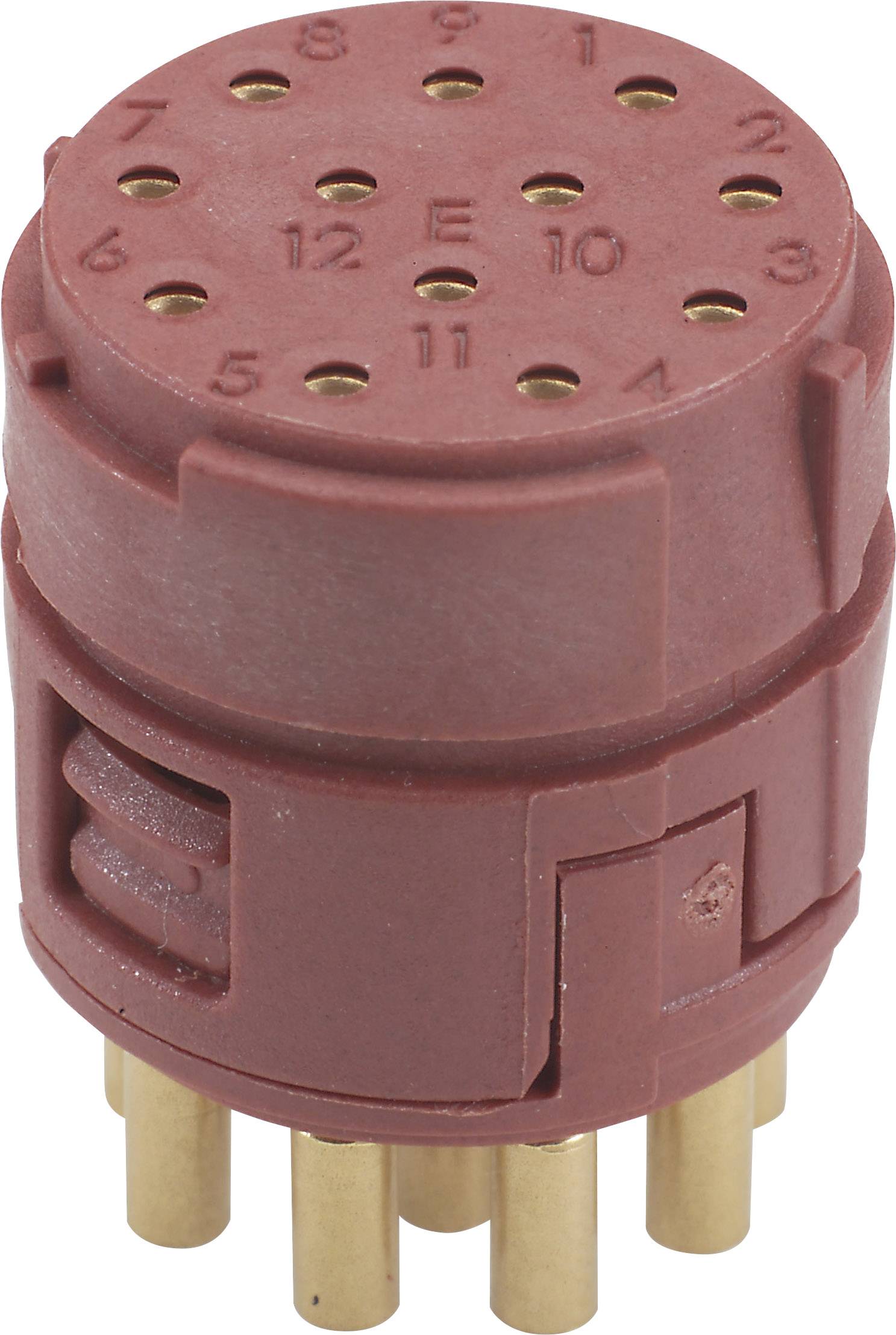 Ein roter elektrischer Steckverbinder mit mehreren Pins in einer zylindrischen Anordnung, geeignet für technische Anwendungen.