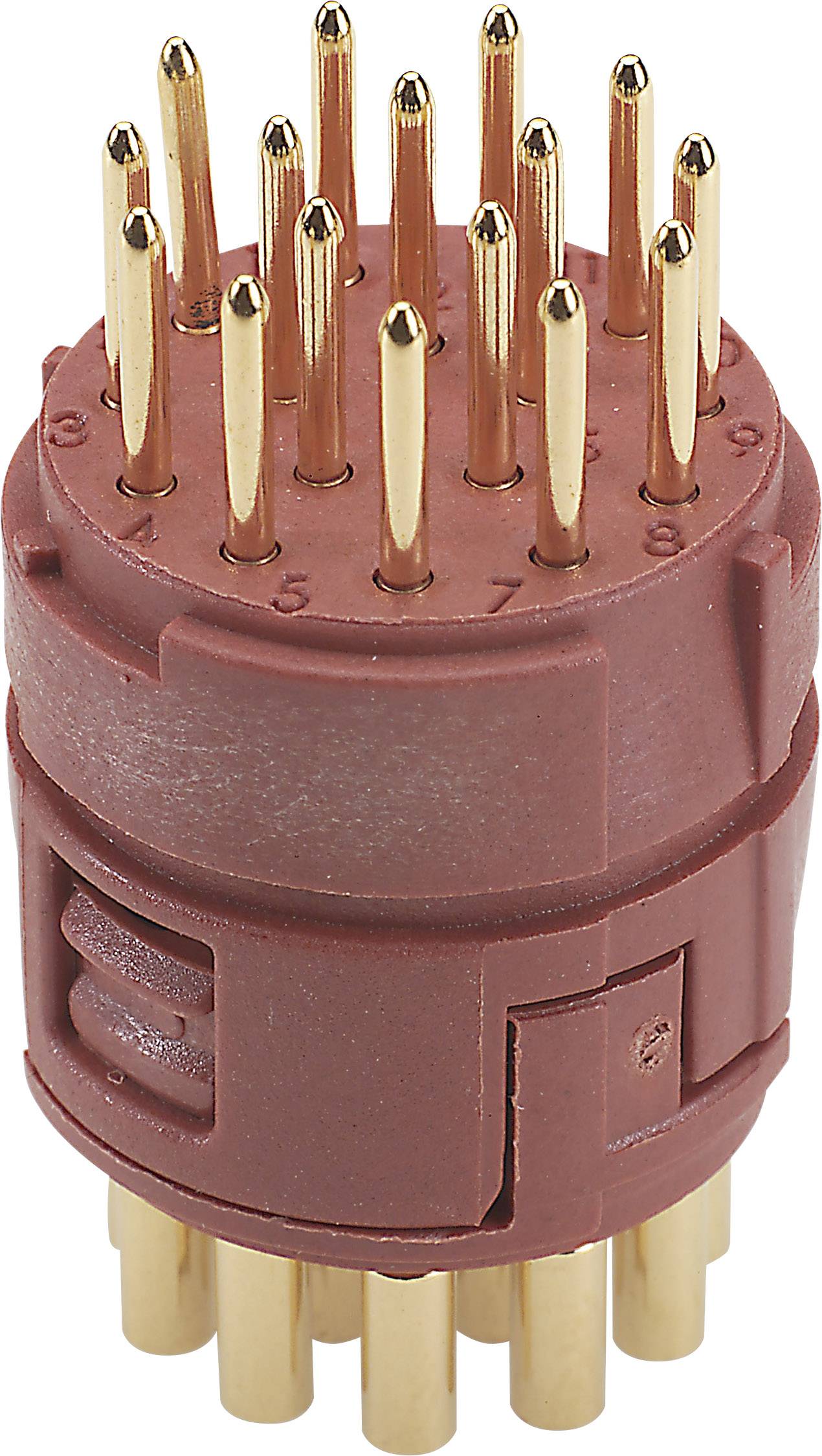 Ein runder, roter elektrischer Steckverbinder mit mehreren goldenen Stiften zur Datenübertragung oder Stromversorgung.