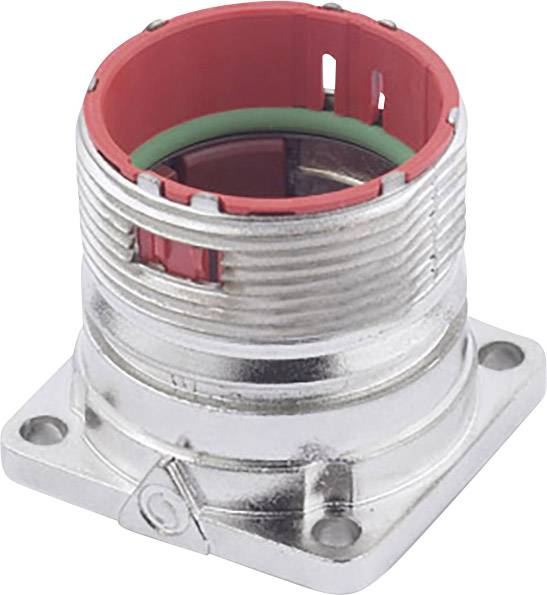 Metallsteckergehäuse mit rotem Kunststoffrand und Montageflansch. Geeignet für den Einsatz in elektrischen Verbindungen und Maschinen.