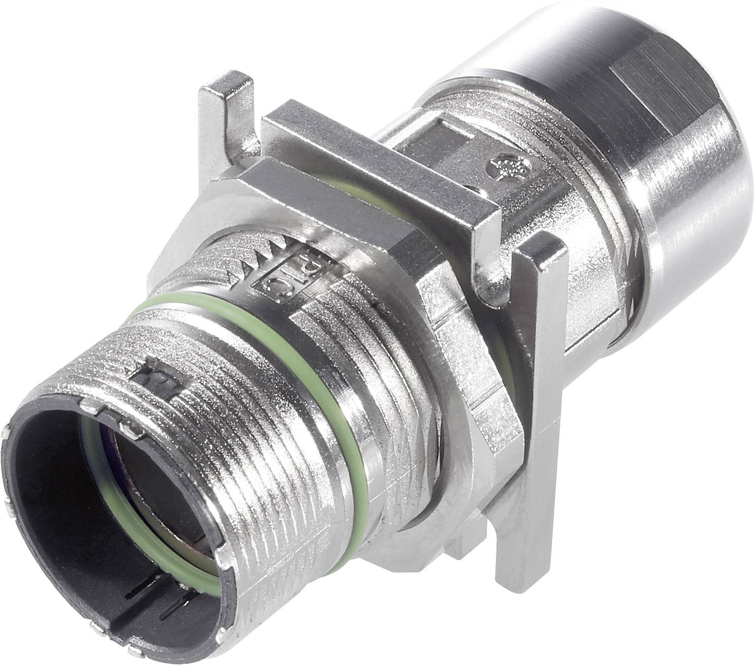 Ein silberner, zylindrischer Metallstecker mit Gewinde und grünem Dichtungselement, geeignet für elektrische oder mechanische Verbindungen.