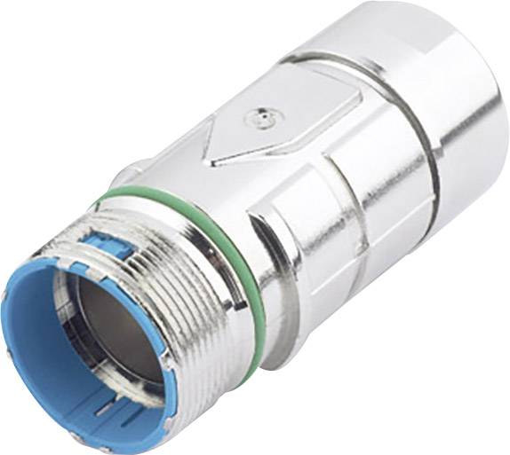 Ein silberner Koaxialstecker mit blauem Innereinsatz und grüner Dichtung. Verwendet für Kabelverbindungen in TV- oder Satellitensystemen.