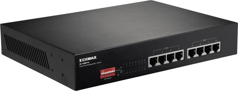 Ein schwarzer Netzwerk-Switch von EDIMAX mit acht Ethernet-Anschlüssen an der Vorderseite, geeignet für IT-Infrastruktur.