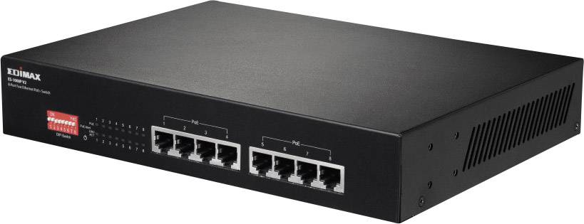 Ein schwarzer Netzwerk-Switch von Edimax mit acht Ethernet-Anschlüssen und LED-Anzeigen für Verbindungen und Aktivität auf der Vorderseite.