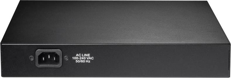 Ein schwarzes rechteckiges Elektronikgerät mit einem Stromanschluss, gekennzeichnet mit 'AC LINE 100-240 VAC 50/60 Hz'.
