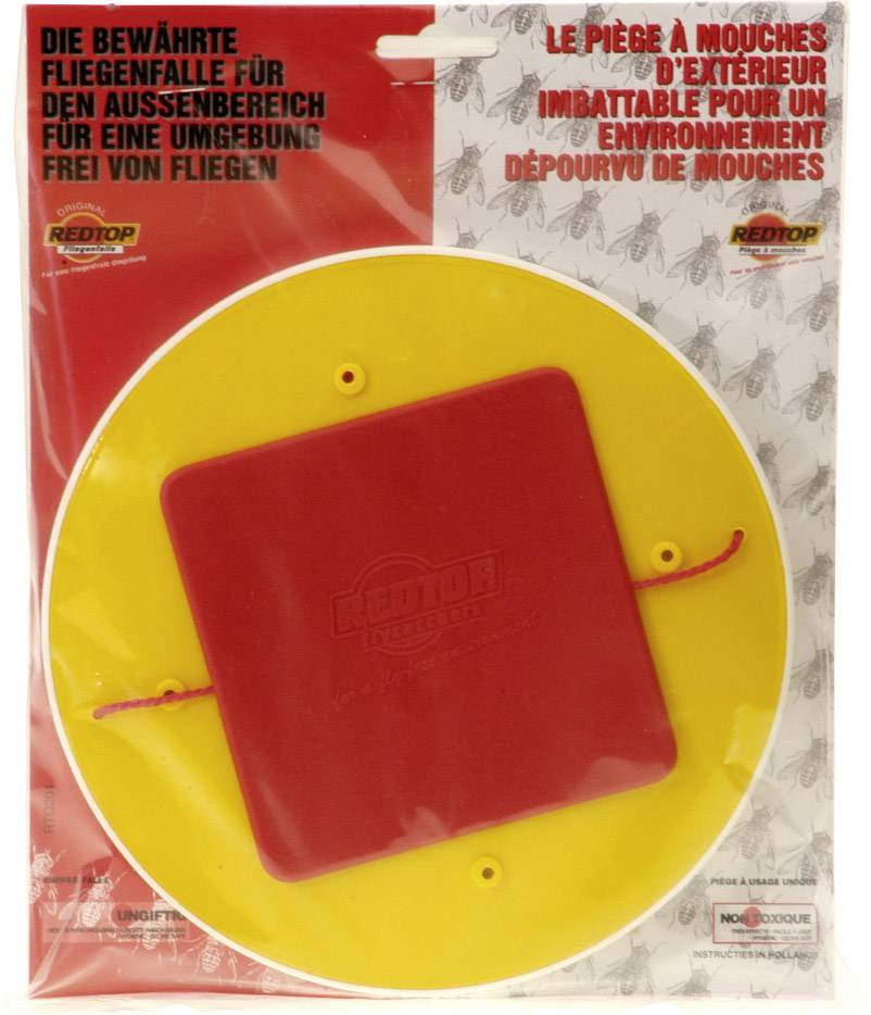 Rote Fliegenfalle mit gelbem Rand in Verpackung. Texte bewerben die Anwendung im Freien für eine fliegenfreie Umgebung.