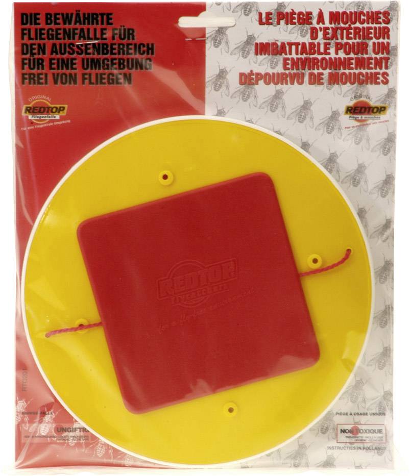 Verpackung einer Fliegenfalle für den Außenbereich. Rote und gelbe Farbgestaltung. Text in Deutsch und Französisch.
