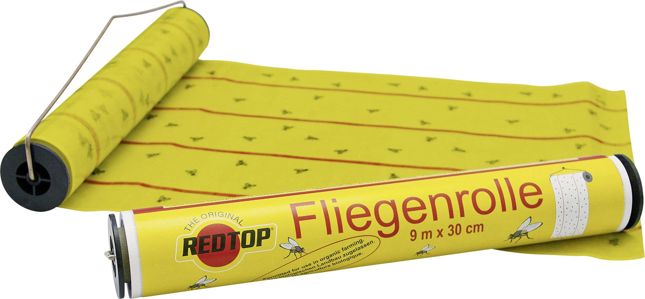 'Fliegenrolle' mit gelbem Papier und aufgedruckten Fliegen. Eine Rolle ist aufgewickelt. Produkt zur Insektenbekämpfung.
