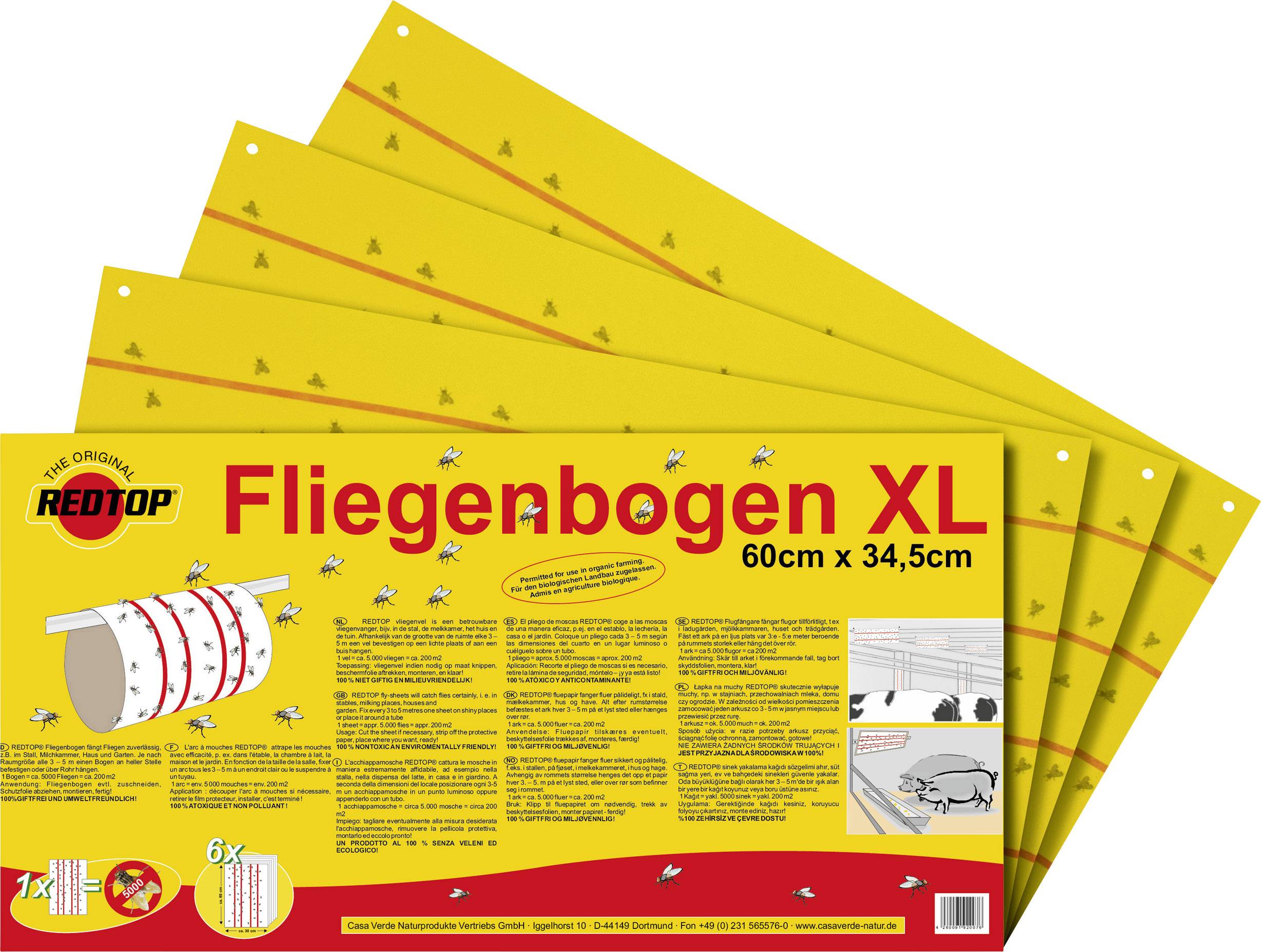 'Fliegenbogen XL 60cm x 34,5cm' ist ein großes gelbes Fliegenpapier mit roten Markierungen, das Fliegen einfängt und bekämpft.