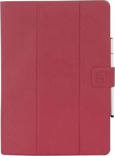 Roter Schutzumschlag für Tablet mit Ständerfunktion, geschlossen. Seitenansicht eines Stifts an der rechten Seite sichtbar.