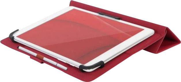 Tablet in roter Schutzhülle mit Ständer, Display sichtbar, Stift vorne befestigt.