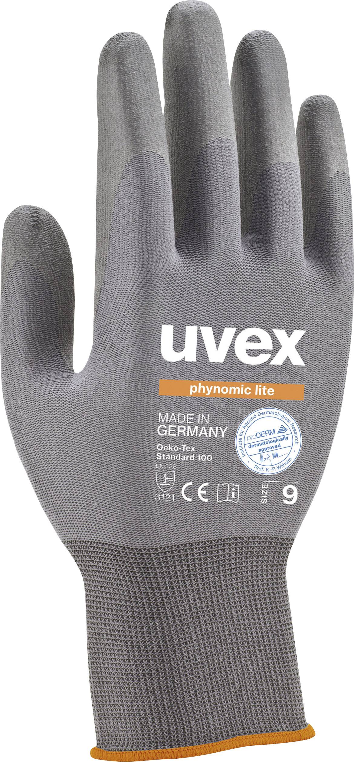 Grauer Schutzhandschuh mit Aufschrift 'uvex phynomic lite', zeigt CE-Kennzeichnung, Größe 9, und 'Made in Germany'.