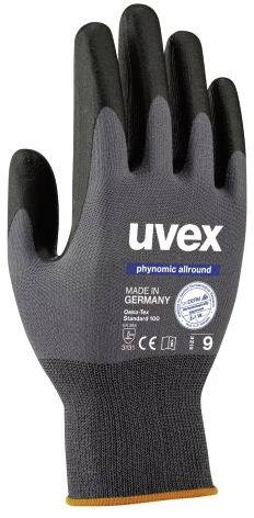 Sicherheitshandschuh mit grauer Handfläche und schwarzer Handrückseite. Aufschrift: 'uvex phynomic allround', 'MADE IN GERMANY'.