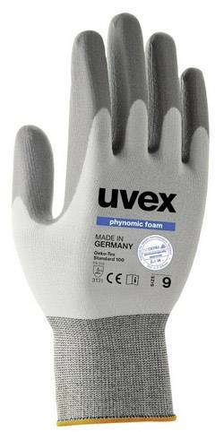 Schnittfester Handschuh mit grauem Handrücken und dunkelgrauer Innenhand. Aufschrift 'uvex' und Zertifizierungslogos erkennbar.