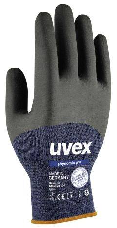 Arbeits-Handschuh in Schwarz und Blau mit der Aufschrift 'uvex phynomic pro', 'MADE IN GERMANY'. Größe und Zertifizierungen ersichtlich.