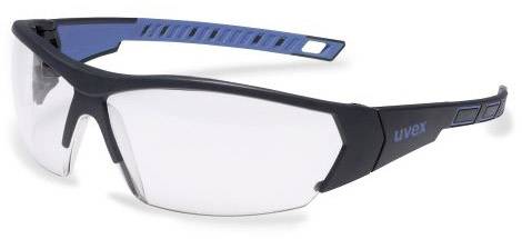 Schutzbrille mit blau-schwarzem Rahmen und klaren Gläsern, seitliches Logo 'uvex'.