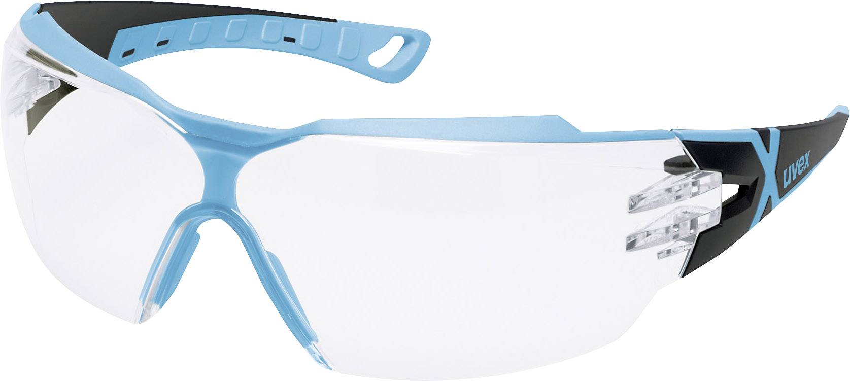 Eine Schutzbrille mit transparenten Gläsern und blau-schwarzem Rahmen, die für Sicherheitszwecke verwendet wird.