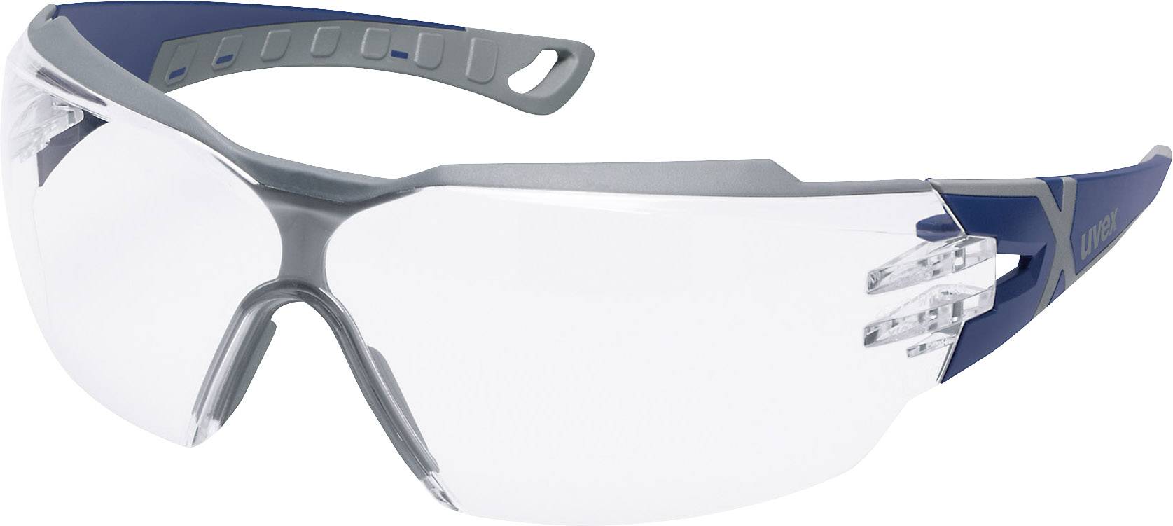 Schutzbrille mit transparenten Gläsern und grauen Details, die seitlich Schutz bietet. Geeignet für industrielle oder handwerkliche Arbeiten.