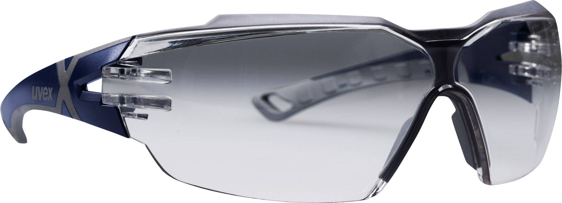 Schutzbrille mit dunkel getönten Gläsern und blauen Bügeln, geeignet für Baustellen oder Arbeiten mit hohem Schutzbedarf.