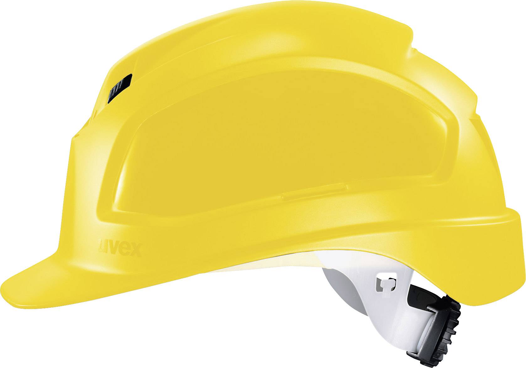 Ein gelber Schutzhelm mit verstellbarem Verschluss, geeignet für Baustellen und industrielle Umgebungen.