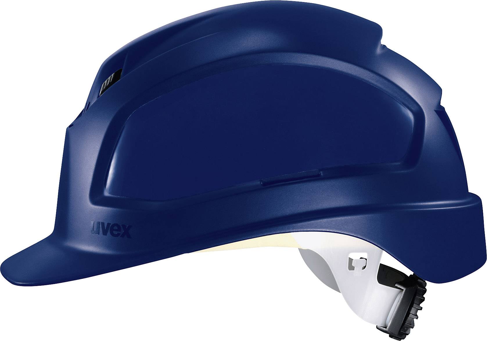 Ein blauer Schutzhelm von der Seite, mit verstellbarem Kinnriemen.