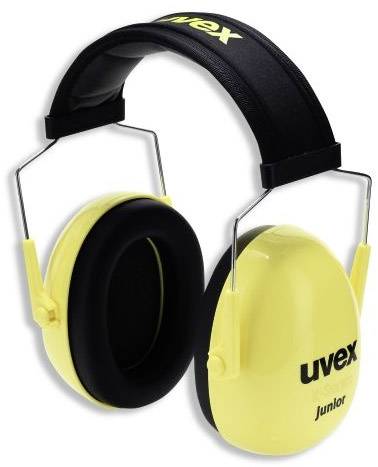 Gelber Gehörschutz mit schwarzem Bügel und der Aufschrift 'uvex junior' auf den Ohrmuscheln.