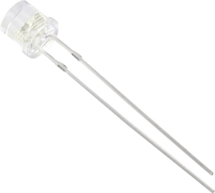 Eine einzelne durchsichtige Leuchtdiode (LED) mit zwei langen Metallanschlüssen, liegend vor einem weißen Hintergrund.
