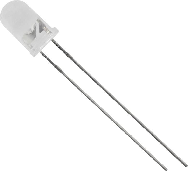 Leuchtdiode (LED) mit transparentem Gehäuse und zwei Metallanschlüssen, typisches elektronisches Bauteil für Beleuchtungszwecke.