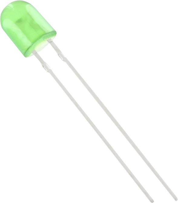 Eine grüne LED mit zwei Metallanschlüssen. Sie dient zur Anzeige von Stromfluss in elektronischen Schaltkreisen.