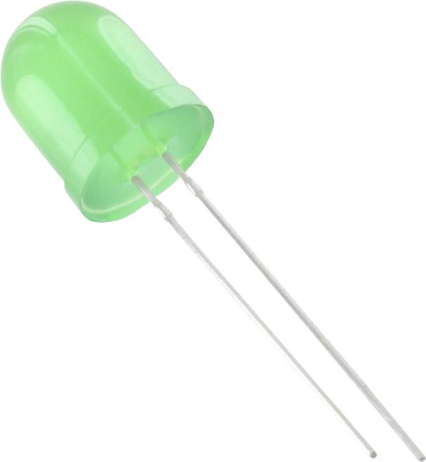 Eine grüne LED mit zwei Metallanschlüssen, typisch für elektronische Schaltungen.