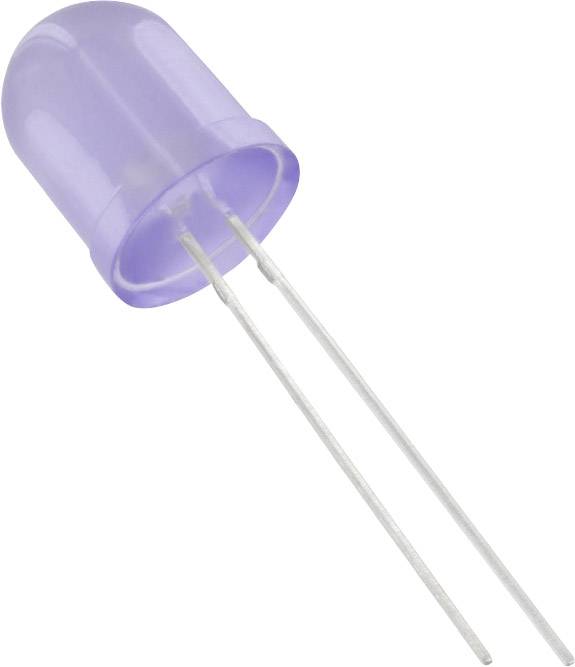 Lila Leuchtdiode (LED) mit zwei Anschlussdrähten, angezeigt seitlich auf weißem Hintergrund.
