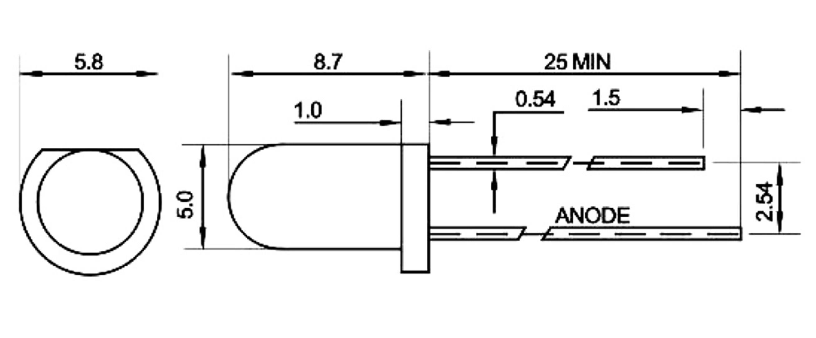 Technische Zeichnung einer LED. Maße: 5,8 und 8,7 mm Breite, 25 mm Mindestlänge. Beinbeschriftung: Anode. Durchmesser: 5 mm.