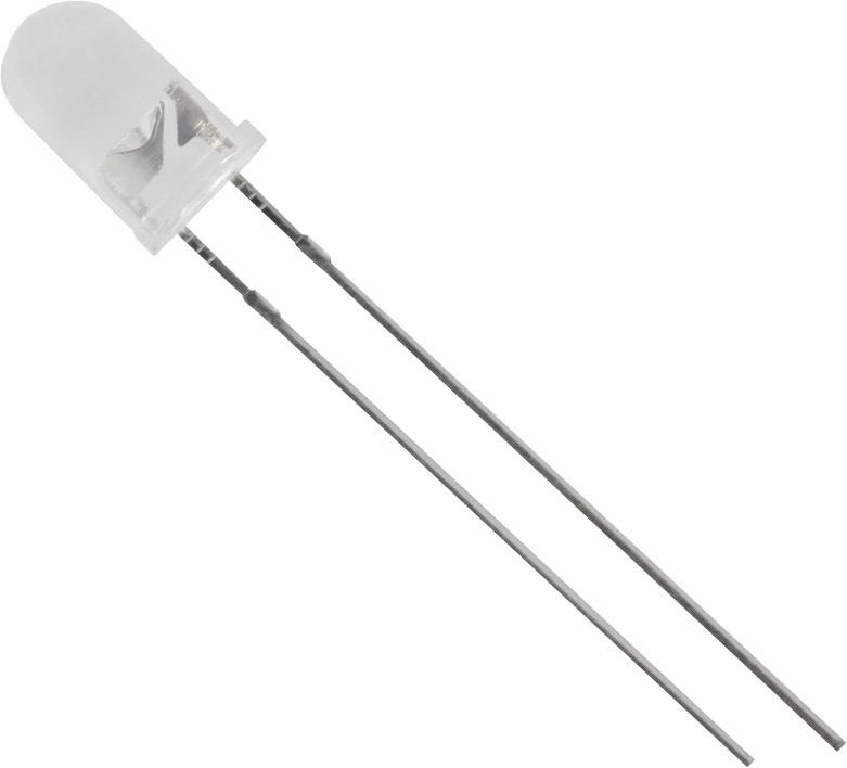 Eine durchsichtige LED mit zwei langen Metallanschlüssen, dargestellt vor weißem Hintergrund.