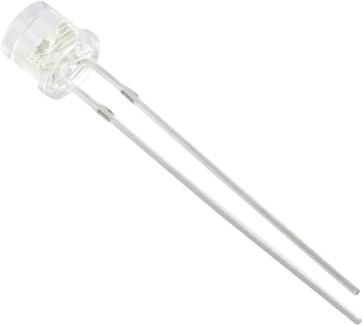 Leuchtdiode (LED) mit transparenter Kappe und zwei Metallanschlüssen, dargestellt auf weißem Hintergrund.