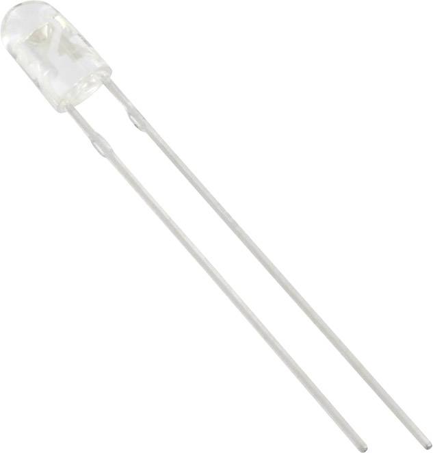 Eine transparente LED mit zwei langen Anschlüssen, verwendet in elektronischen Schaltungen zur Anzeige von Lichtsignalen.