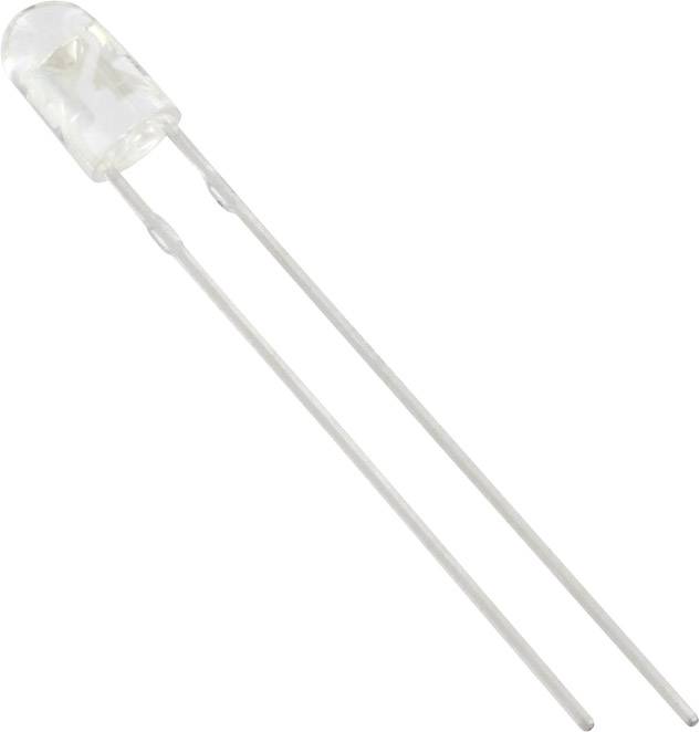 Eine transparente LED mit zwei langen, dünnen Metallbeinen, die zur Stromversorgung verwendet werden.
