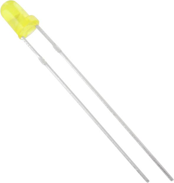 Eine gelbe Leuchtdiode (LED) mit zwei langen, silbernen Anschlussdrähten, die zur Stromversorgung dienen.